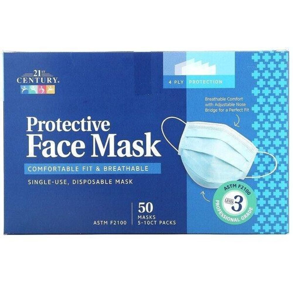 21st Century, Protective Face Mask, ASTM F2100, Single Use Disposable Masks, 50
